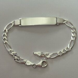 Id plate bar bracelet 925 silver figaro link chain 8.5” unisex